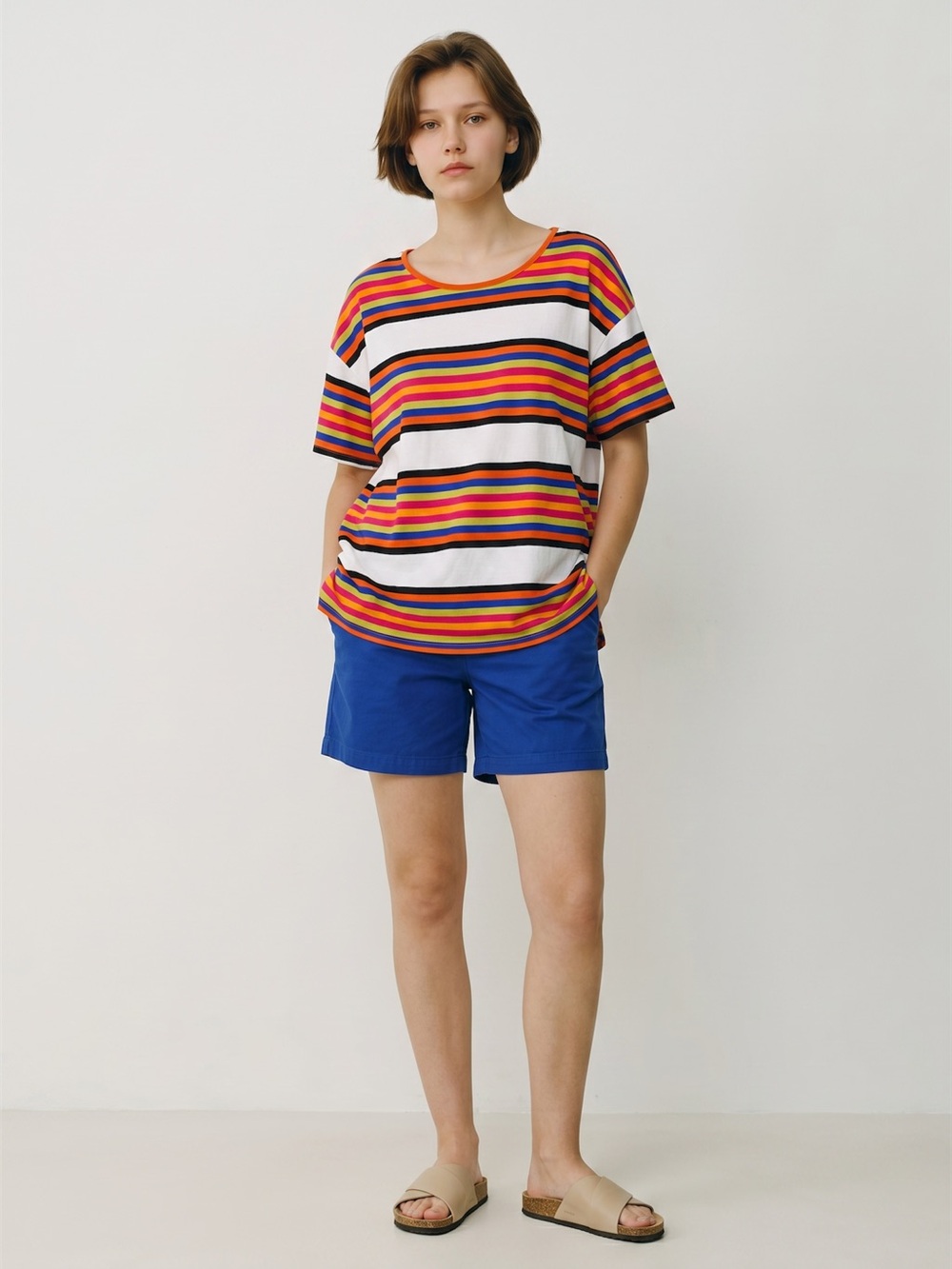 The Limited Neon Rainbow Striped Cotton Top‎ Large Y2K Dolman Sleeve Colorful